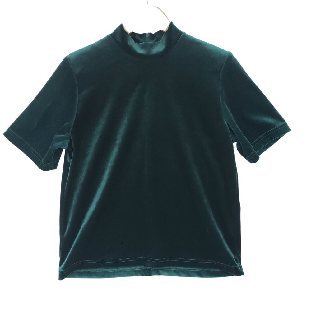 Vintage 90s Teddi Green Velvet‎ Short Sleeve Mock Neck Top Size M Glam Grunge